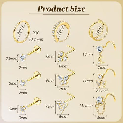 REVOLIA 12Pcs 20G Nose Ring Set 316L Stainless Steel Nose Rings Hoop for Women CZ L Shaped Studs Dangle Heart Butterfly Screw Nose Studs Cute Threadless Flat Back Nose Piercings Jewelry - color: Gold