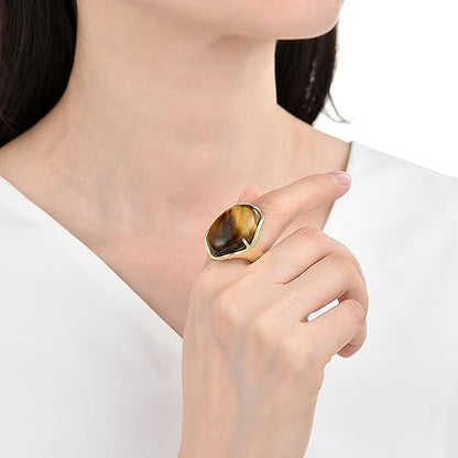 Natural Stone Adjustable Finger Rings Semi Precious Oval Shaped Gemstone Jewelry For Women Anniversary Birthday Wedding Gift - color: Yellow