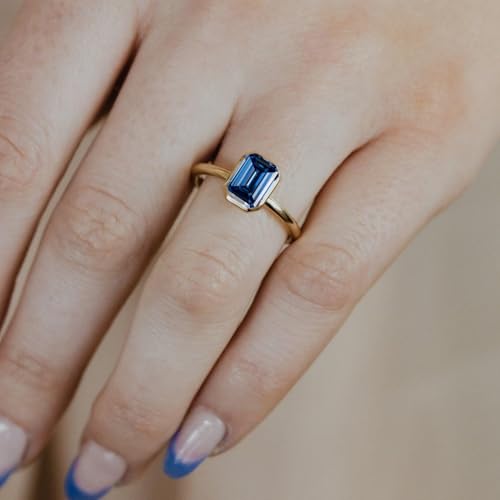 2.5CT Emerald Cut Moissanite Solitaire Ring, 14K Yellow Gold Engagement Ring, Bezel Setting, Statement Ring, Gift For Her, Wedding Ring By SHREESHYAMJEWELLS - color: Blue Moissanite