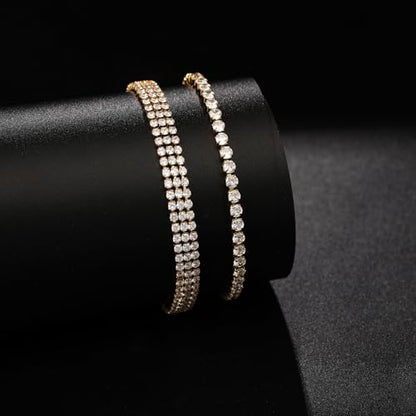 18 K Gold Plated Love Bangle Bracelet Stack for Women,Set of 4 Floral Clover Chain, Tennis Crystal &Gold Stackable Bangle Bracelet -Adjustable Layered Jewelry Gift for Wife Valentines Mother's Day-MVCOLEDY - color: Gold and White CZ