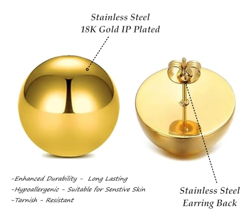 Stainless Steel Gold Button Earrings for Women – Half Ball Round Dome Studs – High Polished 10mm-24mm – Ideal Gift for Women - style: Gold Plated Stainless Steel - Dome