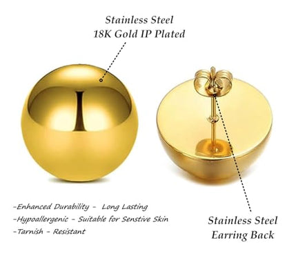 Stainless Steel Gold Button Earrings for Women – Half Ball Round Dome Studs – High Polished 10mm-24mm – Ideal Gift for Women - style: Gold Plated Stainless Steel - Dome
