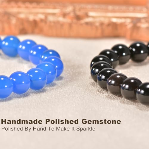 2PCS Agate Bracelet for Women Men Natural Round Beaded Agates Stone Healing Stretch Bracelets Elastic Handmade Polished Gemstone Beads Bracelet - color: Blue+Black, size: 8mm Beads