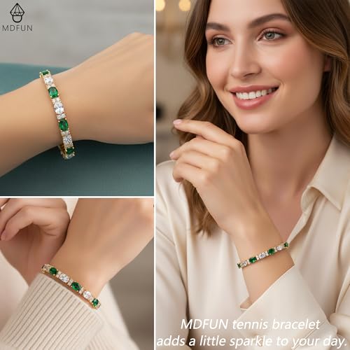 MDFUN 18K White/Yellow Gold Plated Green/Blue 5 * 7MM Oval 5A+ Cubic Zirconia Tennis Bracelet for Women Birthstone Jewelry Gift 6.5-8.5 inch - color: 18K Yellow Gold -Green