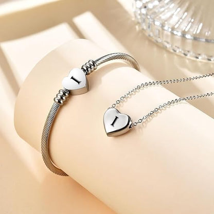 MYNENEY Necklace and Bracelet for Women Stainless Steel Initial Jewelry Set - color: Silver-I