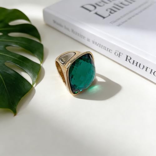 Chunky Square Crystal Glass Stainless Steel Statement Ring for Women Men Gold-Tone Plated Exaggerated Large Geometric Green Cubic Zirconia Finger Band Knuckle Rings Cocktail Prom Fashion Jewelry - color: Green