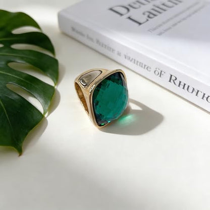 Chunky Square Crystal Glass Stainless Steel Statement Ring for Women Men Gold-Tone Plated Exaggerated Large Geometric Green Cubic Zirconia Finger Band Knuckle Rings Cocktail Prom Fashion Jewelry - color: Green