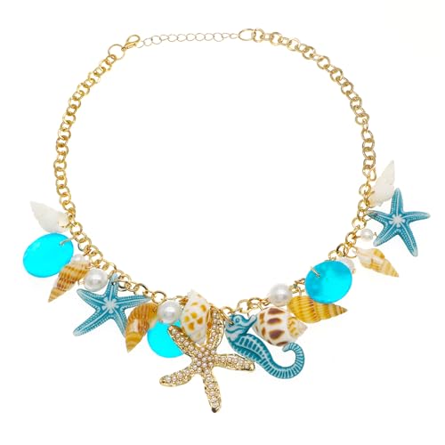 JNF Cute Shell Conch Boho Charm Necklace for Women Sun Moon Star Coin Heart Flower Boot Bow Charms Necklaces Summer Beach Jewelry - color: beachy sea shell conch blue