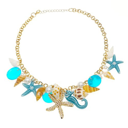 JNF Cute Shell Conch Boho Charm Necklace for Women Sun Moon Star Coin Heart Flower Boot Bow Charms Necklaces Summer Beach Jewelry - color: beachy sea shell conch blue