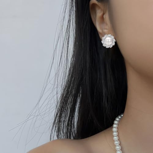Vintage Pearl Clip On Earrings for Women Silver Rhinestone Earrings
