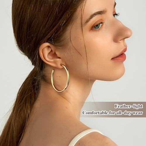 Gold Hoop Earrings for Women Summer Earrings Stainless Steel Hypoallergenic Earrings for Sensitive Ears Non Tarnish Hoops 4mm Hollow Tube Lightweight Earring Gifts for Women - style: 50mm Gold