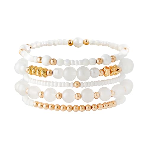 Boho Beaded Stretch Bracelets For Women Stackable Crystal Gold Plated Beaded Bracelets Set Trendy Handmade Friendship Braeclet Jewelry Gifts - color: A-White bead set