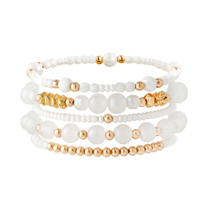 Boho Beaded Stretch Bracelets For Women Stackable Crystal Gold Plated Beaded Bracelets Set Trendy Handmade Friendship Braeclet Jewelry Gifts - color: A-White bead set