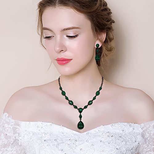 EleQueen Women's Wedding Bridal Jewelry Sets for Brides Bridesmaids, Cubic Zirconia Teardrop Necklace Tennis Bracelet Dangle Earrings Jewellery Set - color: 11-Emerald Color Black-Tone