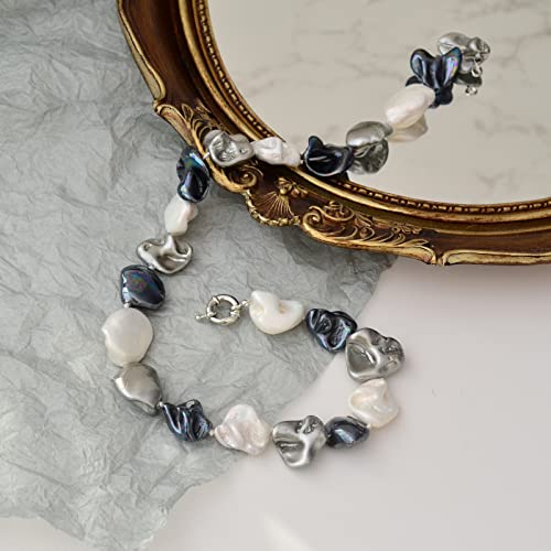 Pearl Choker Necklace for Women Boho Beaded Statement Necklace with Black White Large Freshwater Pearls Silver Fashion Jewelry Gift - color: Black white grey