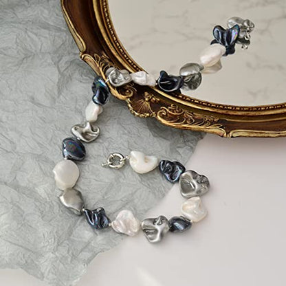 Pearl Choker Necklace for Women Boho Beaded Statement Necklace with Black White Large Freshwater Pearls Silver Fashion Jewelry Gift - color: Black white grey