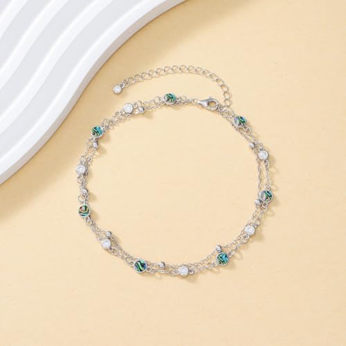 HPQQ Anklets for Women 925 Sterling Silver Natural Stone Layered Anklet Beach Summer Fine Jewelry Birthday Mothers Day Gifts for Women Mom Her - color: Abalone 9"-11"
