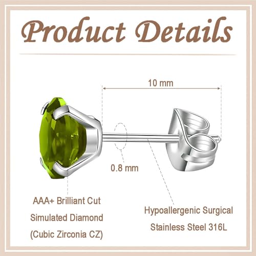 12 Pairs Stud Earrings Set, Hypoallergenic Surgical Stainless Steel 316L Earring for Women Men, Small Earring Studs Pack with Cubic Zirconia - color: Olive Green-6 Sizes-3，4，5，6，7，8