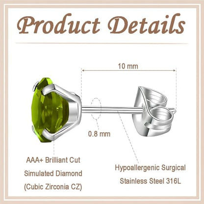 12 Pairs Stud Earrings Set, Hypoallergenic Surgical Stainless Steel 316L Earring for Women Men, Small Earring Studs Pack with Cubic Zirconia - color: Olive Green-6 Sizes-3，4，5，6，7，8