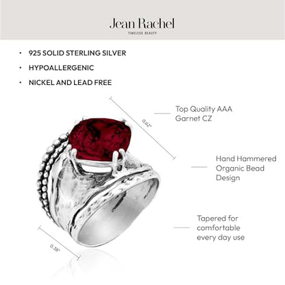 JEAN RACHEL JEWELRY 925 Sterling Silver Prong Solitaire Ring | Raised crown engagement style ring mounting a precision faceted brilliant Cubic Zirconia solitaire over stacked silver rows. - color: Garnet CZ
