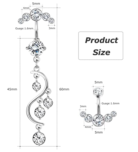 Crystal Belly Button Ring for Women Unique 14G 316L Stainless Steel Dangle Belly Rings Belly Piercing Jewelry Navel Barbell Bling Crystals Body Jewelry - style: long dangle
