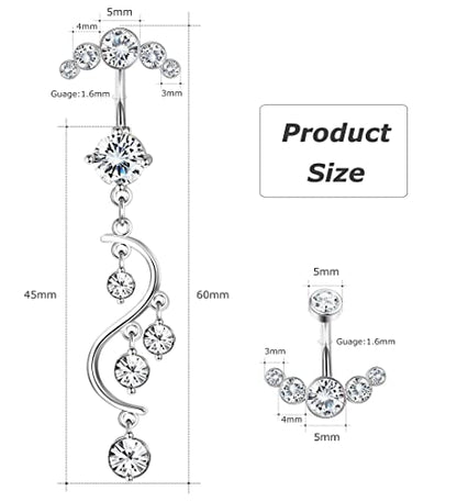 Crystal Belly Button Ring for Women Unique 14G 316L Stainless Steel Dangle Belly Rings Belly Piercing Jewelry Navel Barbell Bling Crystals Body Jewelry - style: long dangle