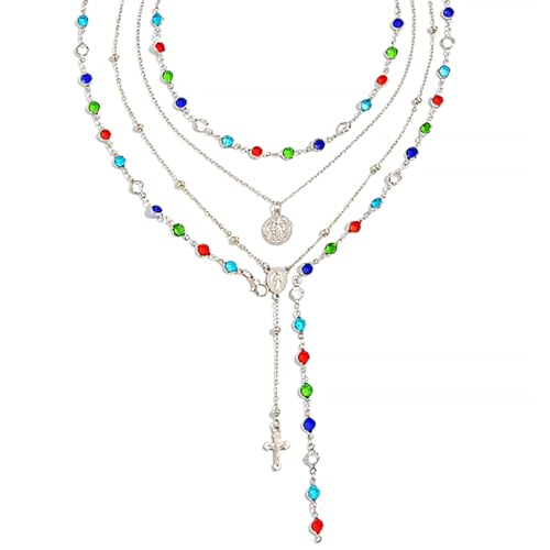 Silvery Layered Necklace for Women, Y Necklace with Cross Pendant, Dainty Stackable Jewelry Gift for Everyday Wear - style: 4PCS - Colorful Chain&Rotundity&Cross Y Bead Chain&Colorful Chain