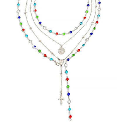 Silvery Layered Necklace for Women, Y Necklace with Cross Pendant, Dainty Stackable Jewelry Gift for Everyday Wear - style: 4PCS - Colorful Chain&Rotundity&Cross Y Bead Chain&Colorful Chain