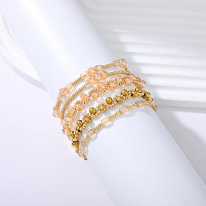 Dainty Gold Plated Pearl Crystal Beaded Bracelets Set for Women 14K Gold Plated Bead Pearl Beads Bracelet Stackable Paperclip Link Chain Bracelets Gold Plated Bracelets for Women Trendy Jewelry - color: Style5-3 Champagne gold