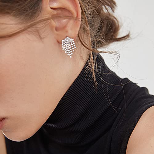 Luxval Rhinestone Earrings Dangling for Women Sparkly Silver Dangle Earrings Girls Long Chandelier Earrings Tassel Lightweight Ear Studs Cubic Zirconia Crystal Statement - color: Silver-Short Tassel Crystal