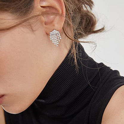 Luxval Rhinestone Earrings Dangling for Women Sparkly Silver Dangle Earrings Girls Long Chandelier Earrings Tassel Lightweight Ear Studs Cubic Zirconia Crystal Statement - color: Silver-Short Tassel Crystal