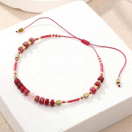 KELITCH Crystal Agate Friendship Bracelet Handmade Seed Beads Adjustable Bracelets for Women - color: Red