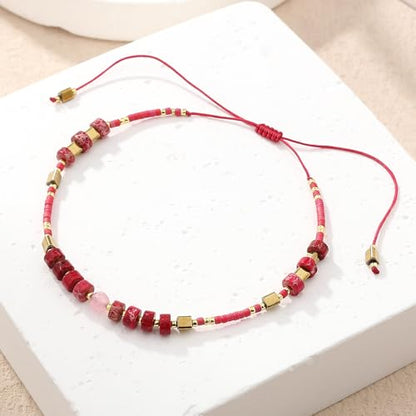 KELITCH Crystal Agate Friendship Bracelet Handmade Seed Beads Adjustable Bracelets for Women - color: Red