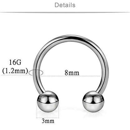 SCERRING 2-8PCS 16G G23 Titanium Horseshoe Septum Ring Nose Rings Hoop Helix Daith Cartilage Tragus Earrings Nipple Eyebrow Body Piercing Jewelry 8mm 10mm 12mm 14mm - style: 2PCS - 16G 8mm