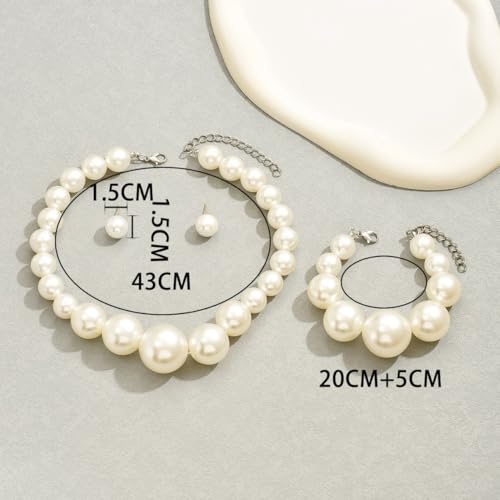 CSIYANJRY99 Pearl Necklace and Earring Set Faux Pearl Jewelry Sets for Women Imitation Beaded Pearl Necklace Bracelet Stud Earrings for Women - color: Silver Chunky Pearl