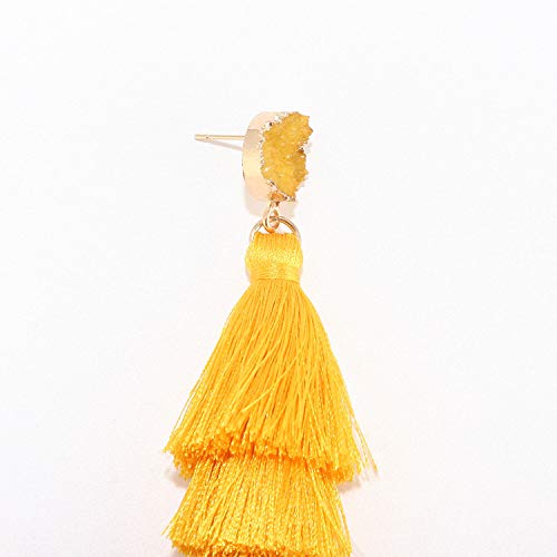 Bohemian Tiered Tassel Earrings with Druzy Stud for Women | Long Layered Fringe Drop Earrings, Statement Jewelry for Party Beach Festival - color: Yellow