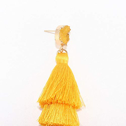 Bohemian Tiered Tassel Earrings with Druzy Stud for Women | Long Layered Fringe Drop Earrings, Statement Jewelry for Party Beach Festival - color: Yellow