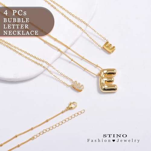 stino 4PCs Bubble Initial Letter Necklace Set, No Tarnish 14K Gold Plated Alphabet Pendant, Jewelry for Women - style: E