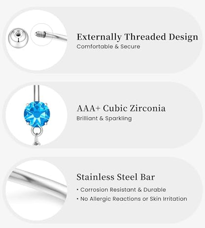 BSJ4U Belly Button Ring Dangle Navel Belly Piercing Jewelry Cute Pink CZ Heart Butterfly Bow Flower Navel Belly Rings for Women 14G Silver Stainless Steel Dainty Dangly Dangling Belly Button Piercing - color: Blue CZ Belly Button Rings
