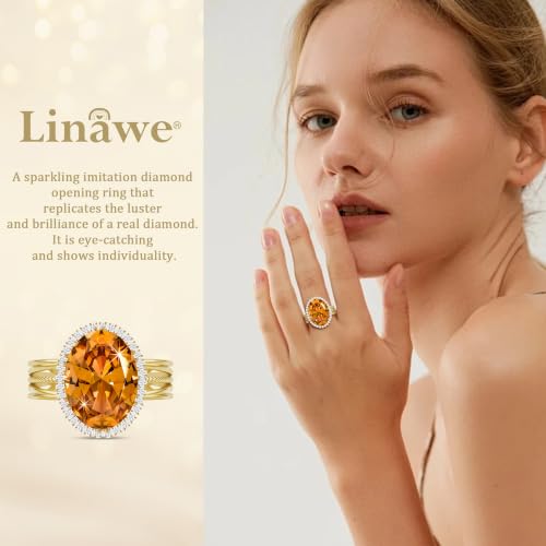 Linawe Costume Jewelry Adjustable Cocktail Ring for Women | Copper, Rhinestone, Cubic Zirconia, Oval, Fake Diamond, Crystal, Stone, Birthstone, Gemstone, Big, Chunky, Statement - color: Yellow Orange