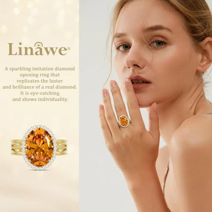 Linawe Costume Jewelry Adjustable Cocktail Ring for Women | Copper, Rhinestone, Cubic Zirconia, Oval, Fake Diamond, Crystal, Stone, Birthstone, Gemstone, Big, Chunky, Statement - color: Yellow Orange