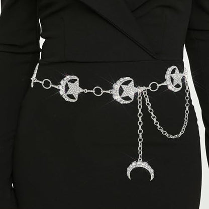 Rhinestone Moon Chain Belt Sparkly Star Waist Chain Adjustable Body Jewley for Women Dress Belt Accessory - style: Silver moon star A