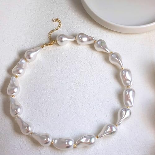 Zeffy 14K Gold/Silver Plated Chunky Thick Chain Toggle Clasp Necklace Dainty Baroque Pearl/Heart/Cross/Turquoise Pendant Necklace - color: Gold Baroque Pearl Choker