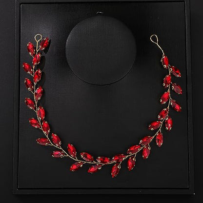 Teyglen Bride Wedding Crystal Hair Vine Headband - Bridal Accessories Handmade Rhinestone Headpiece for Women and Girls (Red) - color: Red