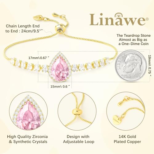 Linawe Crystal Imitation Diamond Rhinestone Charm Bracelets for Women, Gold/Silver/Rose Gold Adjustable Chain Bracelet, Teardrop Birthstone Cubic Zirconia Prom Costume Wedding Jewelry - color: Gold,June,Oct