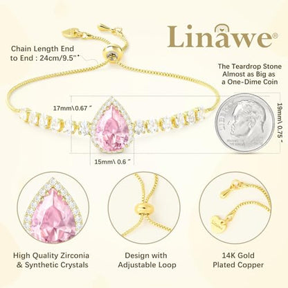 Linawe Crystal Imitation Diamond Rhinestone Charm Bracelets for Women, Gold/Silver/Rose Gold Adjustable Chain Bracelet, Teardrop Birthstone Cubic Zirconia Prom Costume Wedding Jewelry - color: Gold,June,Oct