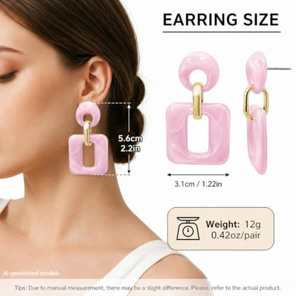 Retro Boho Hollow Square Earrings Lightweight Fashion Jewelry Casual Daily Wear Geometric Drop Earrings Party Acrylic Square Dangle Accessories - color: Pink