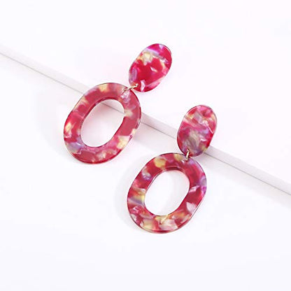 Oval Drop Dangle Earrings for Women, Statement Geometric Ellipse Dangling Earrings - color: Hot Pink
