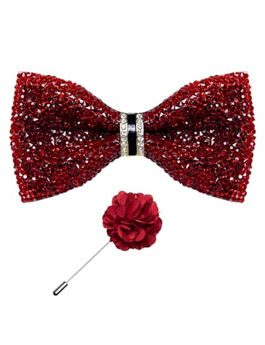 DiBanGu Mens Rhinestone Bow Tie with Ring and Lapel Pin Set | Adjustable Strap,Pre-tied Style,3PCS,Sequin Diamond Bowties，Solid/Mix Color,Shiny Accessory,for Party Prom Banquet Wedding - color: Red