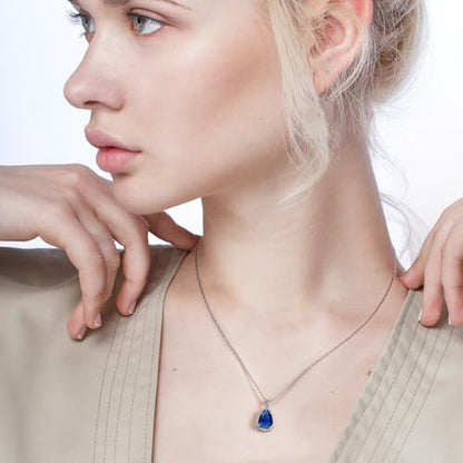 Teardrop Pendant Necklace for Women - Sterling Silver Birthstone Crystal Necklace Gift - color: Sapphire